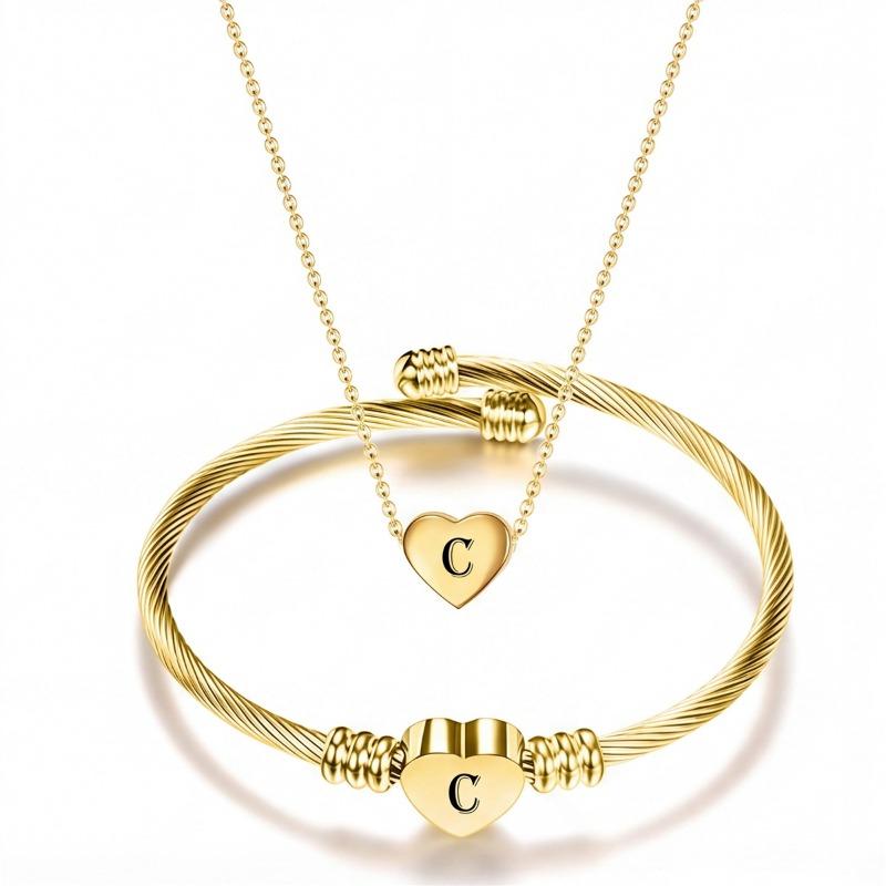 Diy 26 Letters Fadeless Stainless Steel Heart Pendant Necklace Bracelet Set For Women