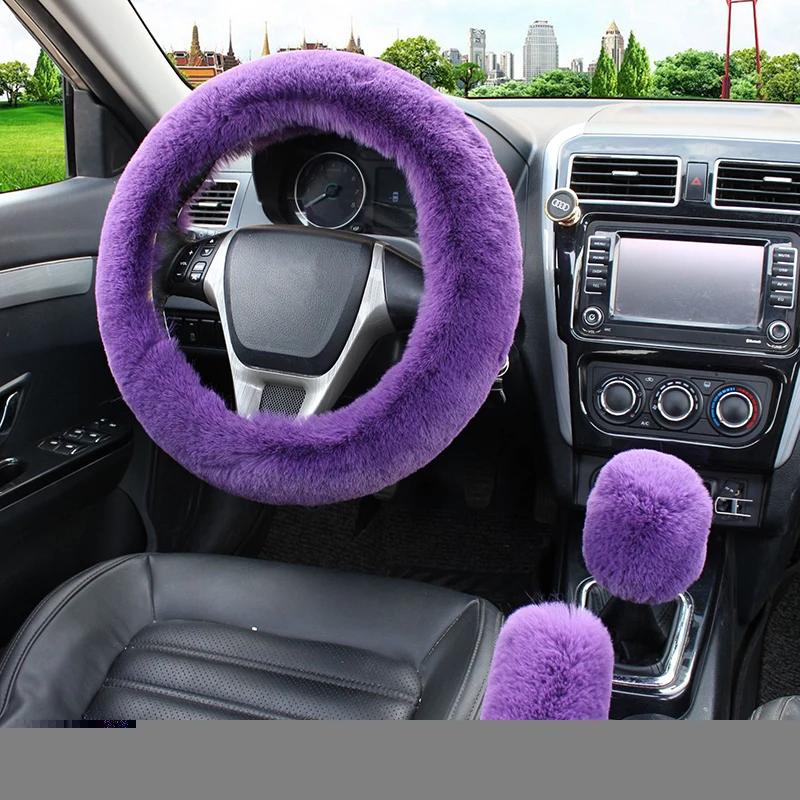 3Pcs/set Solid Soft Warm Long Wool Fuzzy Steering Wheel Cover Woolen Handbrake Car Accessory Sheep Fur Plush Protector Cover Kit