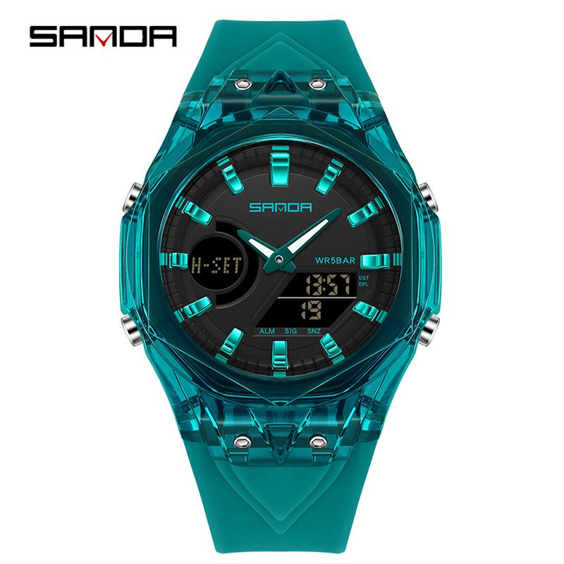 Sanda Dual Display Multifunction Fashion Wristwatch with Colorful Transparent Case for Youthful Korean Style
