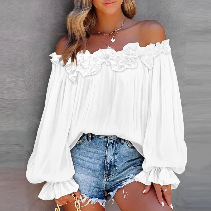 

Shirt Women off Shoulder Top off-Shoulder Long Sleeves Shirt Loose Plus Size Tops Women White XL