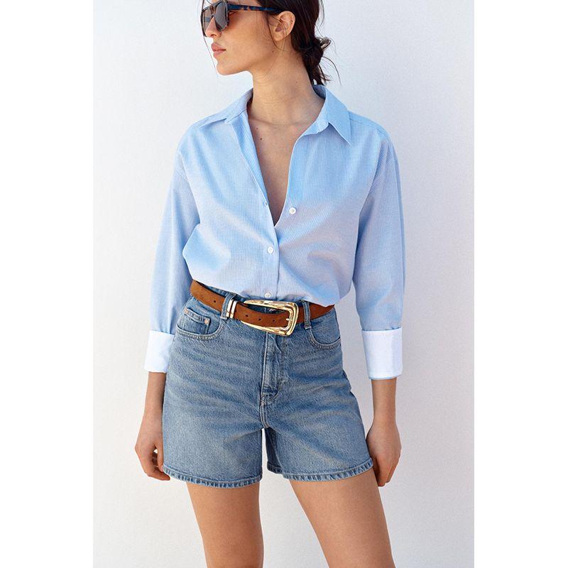 Spring and Summer Women's Clothing Asymmetric Hem Cotton Blend Long Sleeves Lapel Casual Oxford Shirt 8741049
