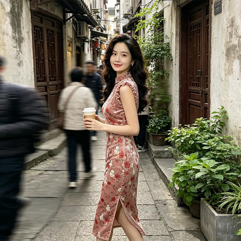 Pink velvet sleeveless national style new Chinese style Suzhou long cheongsam improved young 1011 new women's high sense
