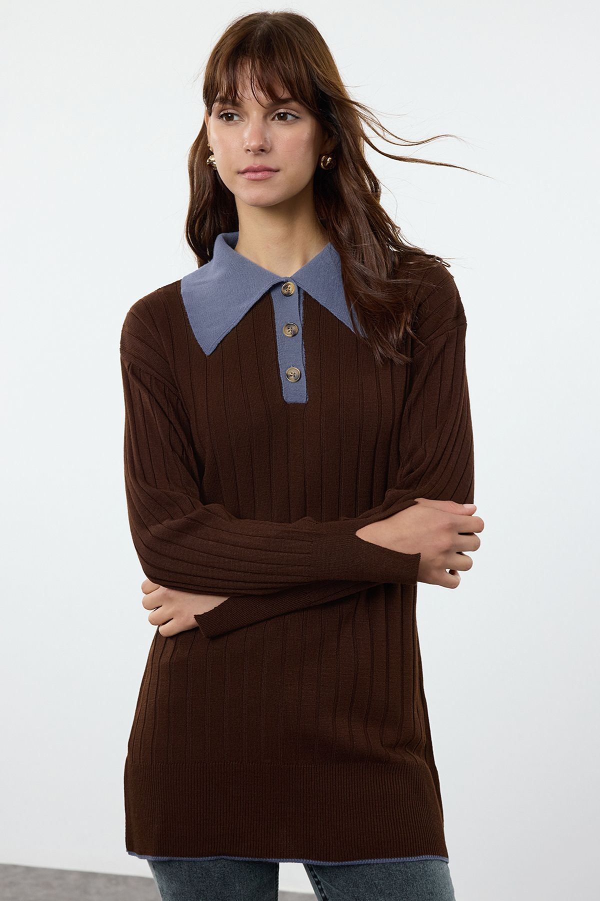 

Women s Fashionable Stylish Hijab Sweater Brown Blue Color Block Corduroy Knitwear Sweater L