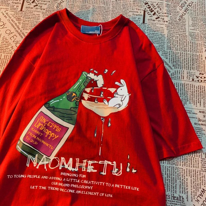 

Rabbit Soaked In Wine American Retro Cartoon Print Short Sleeved T-shirt Men Women Fashion Loose Couple Half Sleeve Pure Cotton XXXXXL красный
