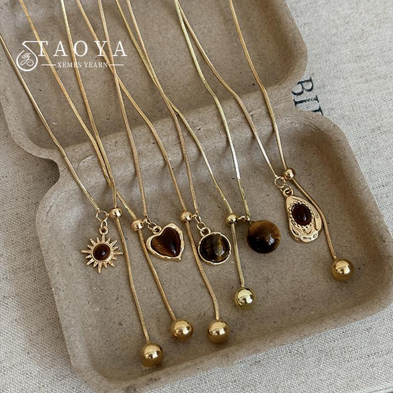 Geometric Retro Tiger Eye Stone Pendant Zipper Pull Long Necklace For Women's Autumn/Winter Sweater Chain Trendy Neck Jewelry