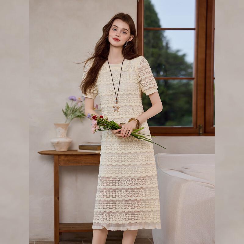 Bailuyu Women s French Round Neck Puff Sleeve Long Dress XL