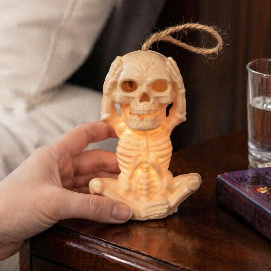 Battery Operated Skull Lamp Halloween Skeleton Decoration with LED Light, Spooky Lighted Plastic Small Atmosphere Prop Ornament Rope for Haunted House