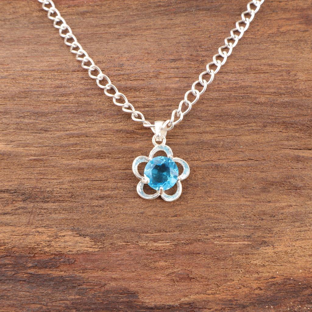 Swiss Blue Topaz Gemstone Handmade 925 Sterling Silver Jewelry, Beautiful Pendant For Wedding Gift