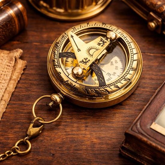 Pocket Polish Brass Sundial Compass with Leather Case and Chain Push Open Compass 5.08 Cm Steampunk Accessory Beautiful Gift