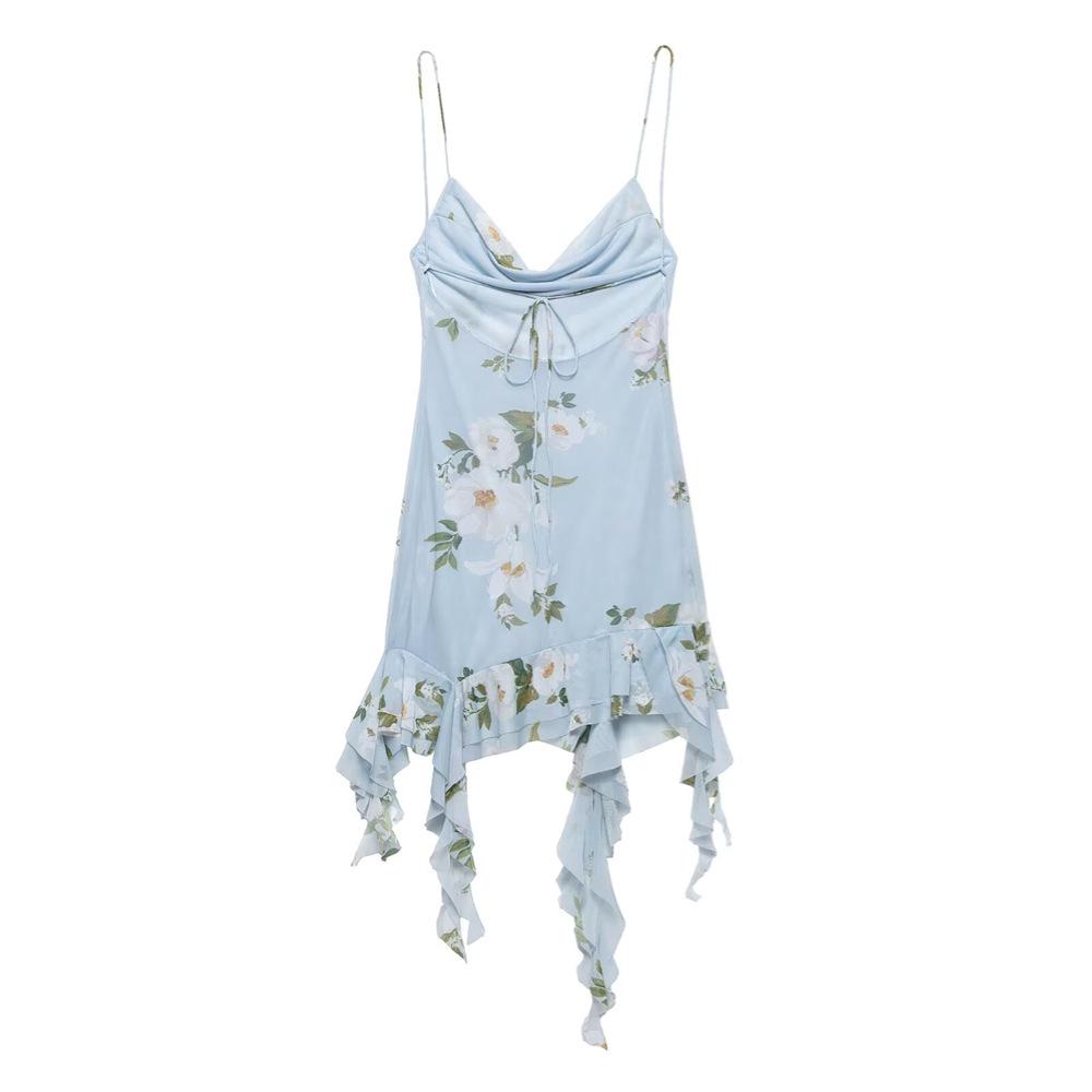 

Весна/Лето 2025 Платье с многослойным принтом, на бретелях-спагетти, с открытой спиной, с нерегулярной завязкой для женщин Large светло-синий
