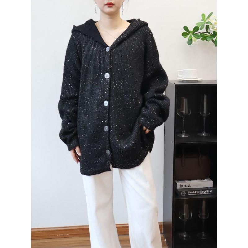 

Вязаный кардиган средней длины с капюшоном и пайетками, новый осенне-зимний, свободный, в ленивом стиле, куртка-свитер для женщин one size fits all чёрный