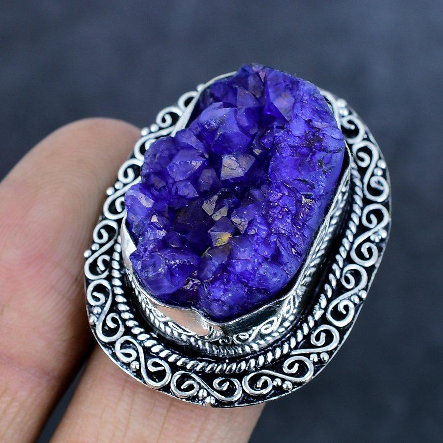 Amethyst Druzy Gemstone 925 Sterling Silver Jewelry Ring Size 9