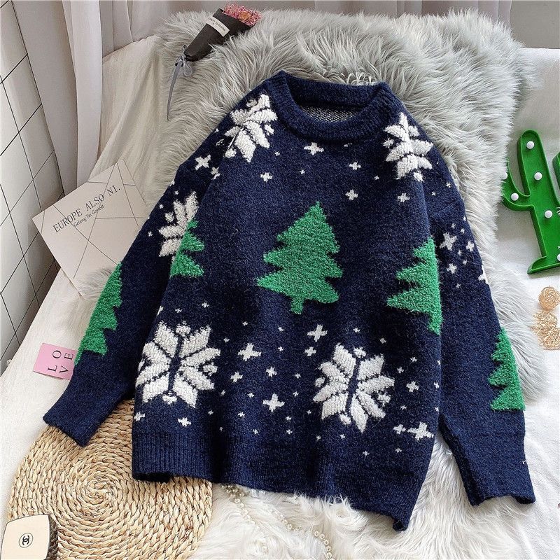 Christmas Sweater Loose Korean-style Pullover for Women Loose Long-sleeved Thick Knitted Sweater for Autumn and Winter