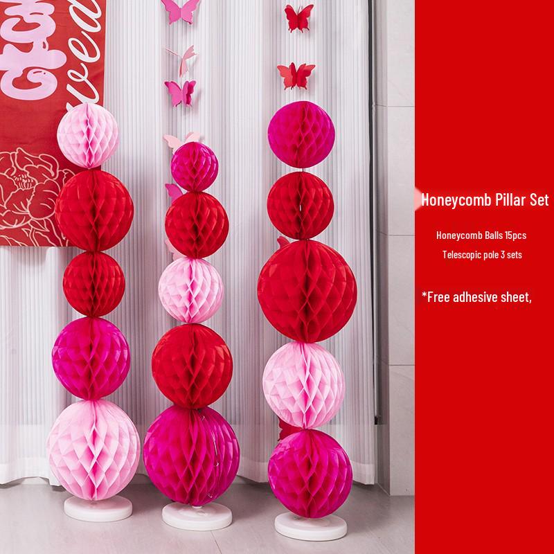 Double Happiness Chinese Wedding Room Decoration Set with Lanterns & Honeycomb Ornaments for Bedroom Photo Props