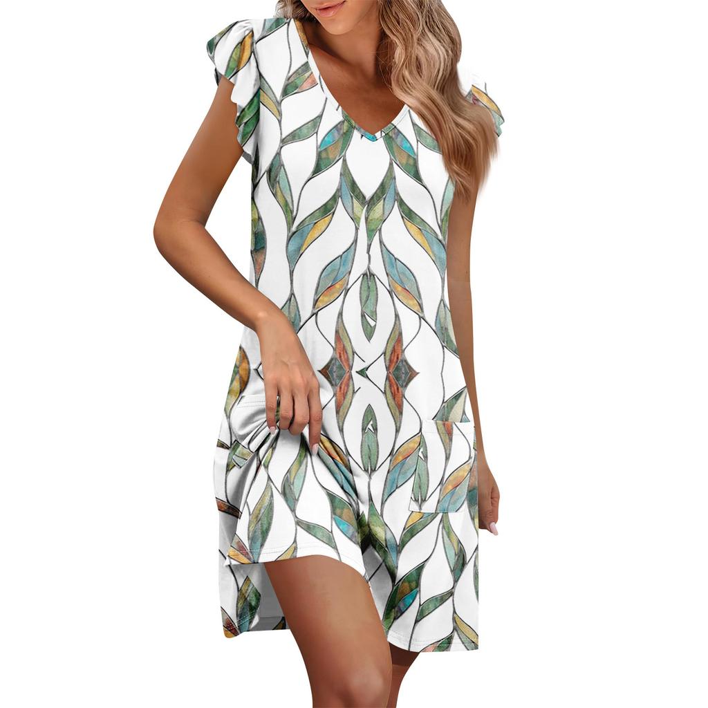Abito Estivo da Donna Manica a Volant Scollo a V Abiti Corti Moda Casual Ampio A Linea Svasato Abito da Sole con Tasca
