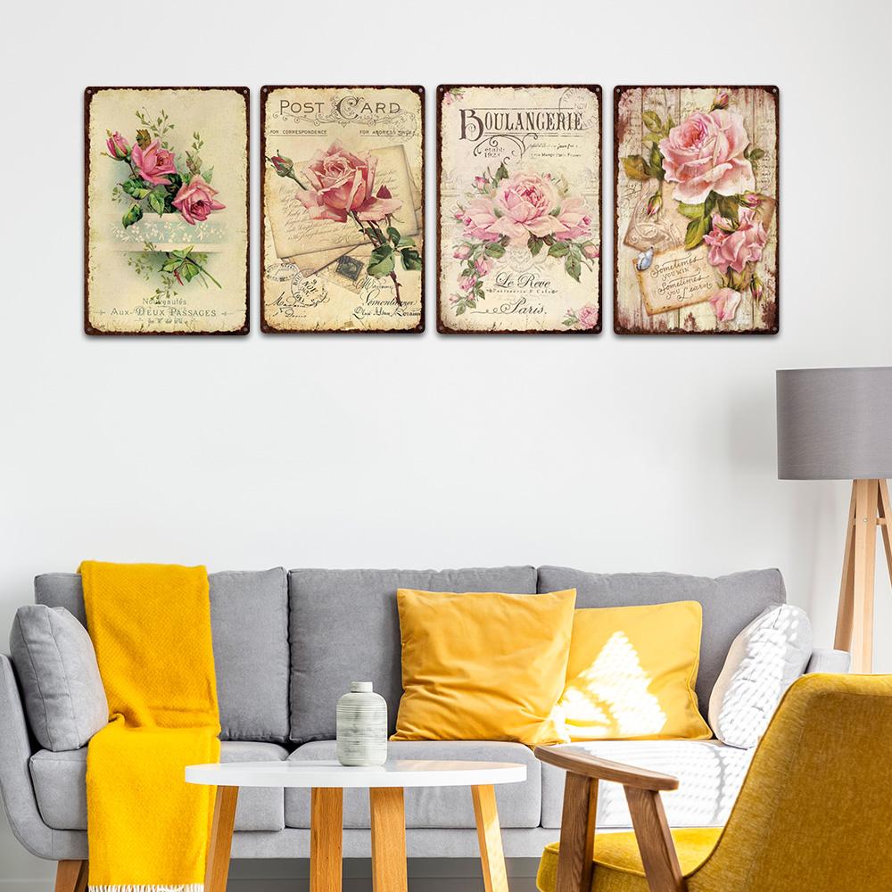 Pastoral Style Flower Plaque Metal Tin Sign Lavender Rose Retro Plates Poster for Living Room Home Garden Wall Decor 20x30cm
