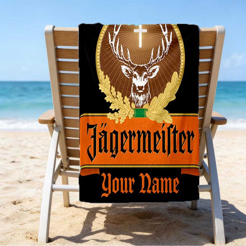 Custom Name Beach Towel Jager-meister Spirit Drink Beach Towel, Soft Microfiber, Gift for Her/Him, Birthday, for Pool, Beach, Travel, Fan gifts