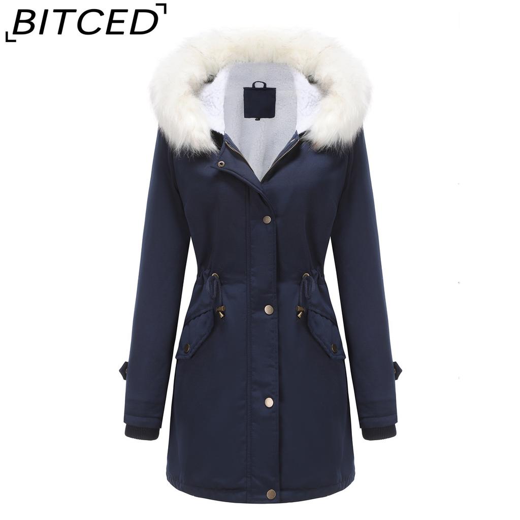 BITCED Autumn/Winter Detachable Fur Collar Women's Parka Long-Sleeved Hooded Cotton Coat Fleece Overcoat