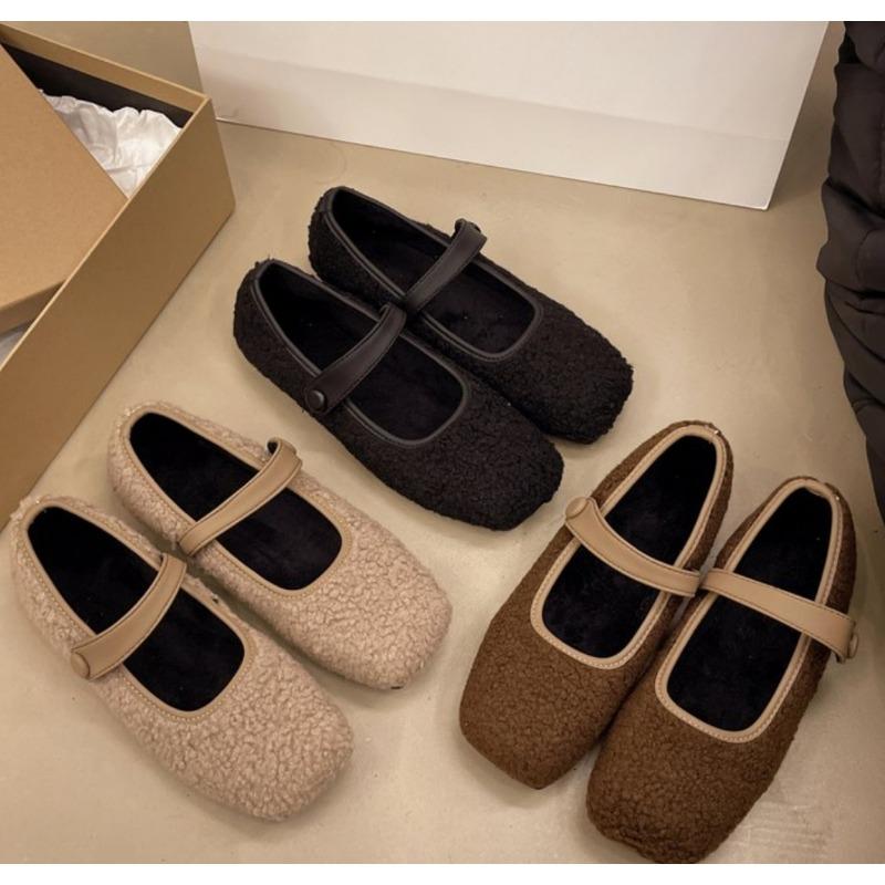 Autumn Winter French RetroTeddy Fur Mary Jane Women's Fur Flat Shoes Outerwear Simple and Fashionable Square Head Soft Loafers