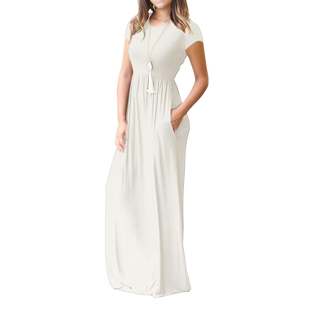 Women  Casual Pockets Short Sleeve Floor Length Dress Loose Party Dress