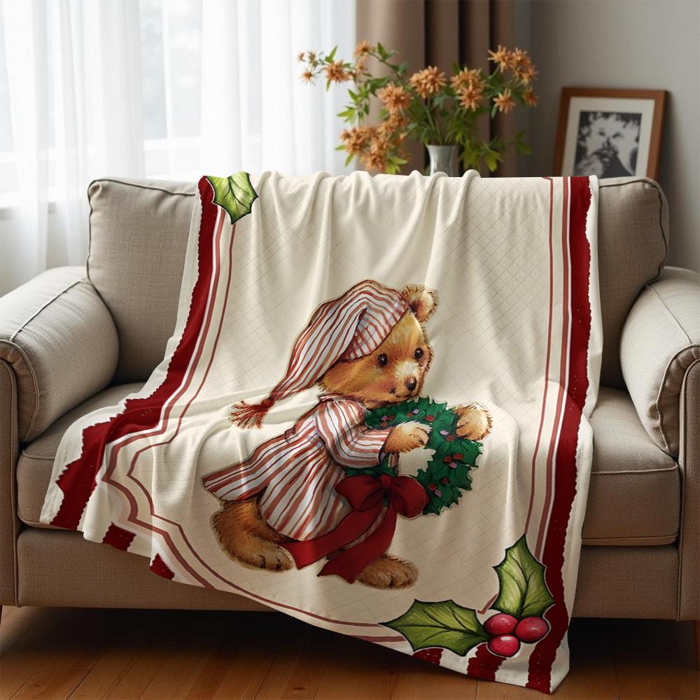 Vintage Stripe Xmas Bear Cartoon Anime Print Flannel Blanket Soft Warm Throw for Kids Bedroom Sofa Christmas Office Car