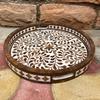 Wooden Inlay Decorative Tray  Round Floral Pattern Serving Tray | Bone Inlay Style | Boho Coffee Table Tray | Kitchen Bone Decor Tray