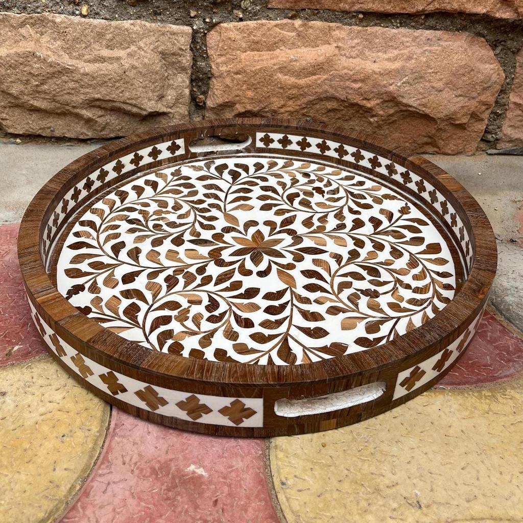 Wooden Inlay Decorative Tray  Round Floral Pattern Serving Tray | Bone Inlay Style | Boho Coffee Table Tray | Kitchen Bone Decor Tray