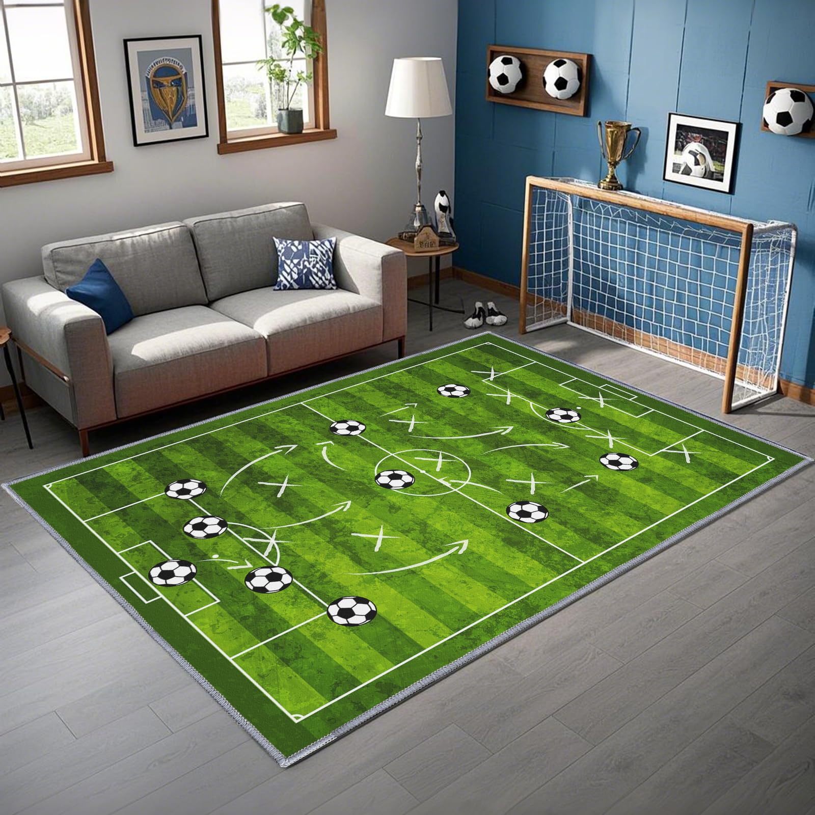 

Soccer Rug for Bedroom,3 x5 Football Field Rugs for Sports Room,Non-Slip Polyester Sports Rug for Soccer Room Decor 100cm x 120cm