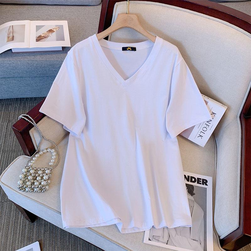 Women's Plus Size T-Shirt Summer Cotton Short Sleeve Loose V-Neck Top