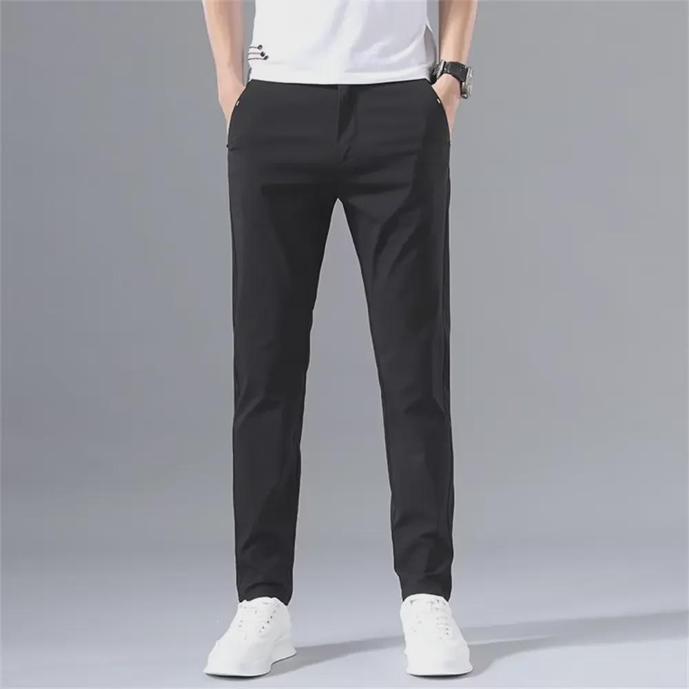 2025 Men's Summer Slim Straight Ice Silk Pants - Elastic, Solid Color, All-Match Casual Trousers