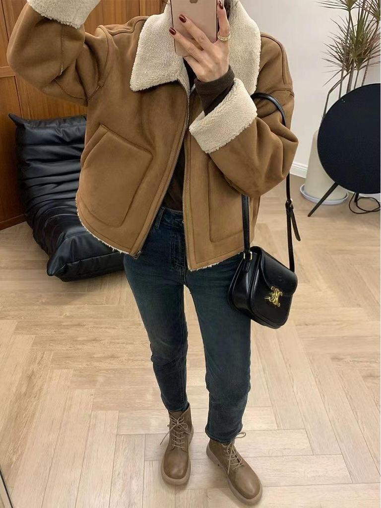 Women's European Shearling Lambswool Biker Jacket - High-End Turn-Down Collar, Autumn Winter Versatile Coat