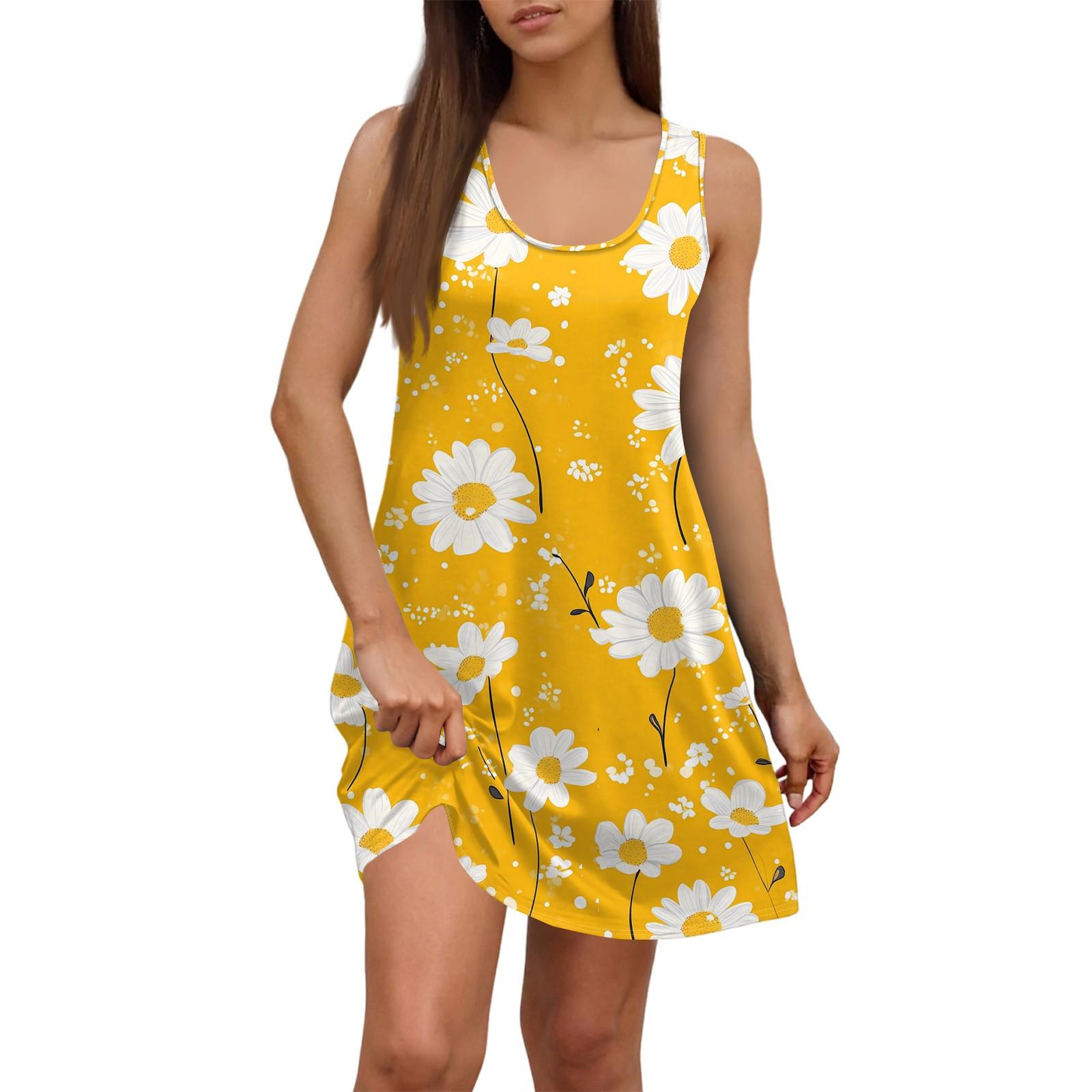 Women s Summer Casual Square Neck Floral Print Dress Sleeveless Dress With Pockets S