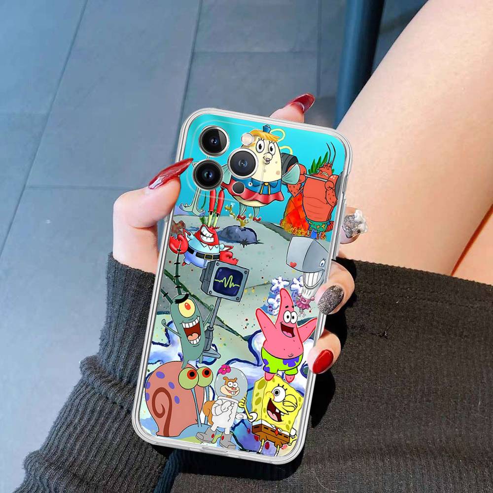 Cartoon Niedlich S-SpongeBob Anime Handyhülle Für IPhone 11 13 16 12 17 14 15 Pro Max Plus Weiche Klare Rückseite Hülle