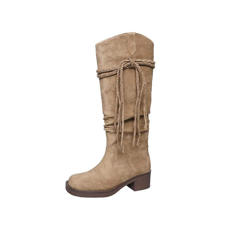 5CM European Goods Popular Fringed Temperament Western Boots 2025 Autumn and Winter New Round Head Thick Heel One Pedal High Boots