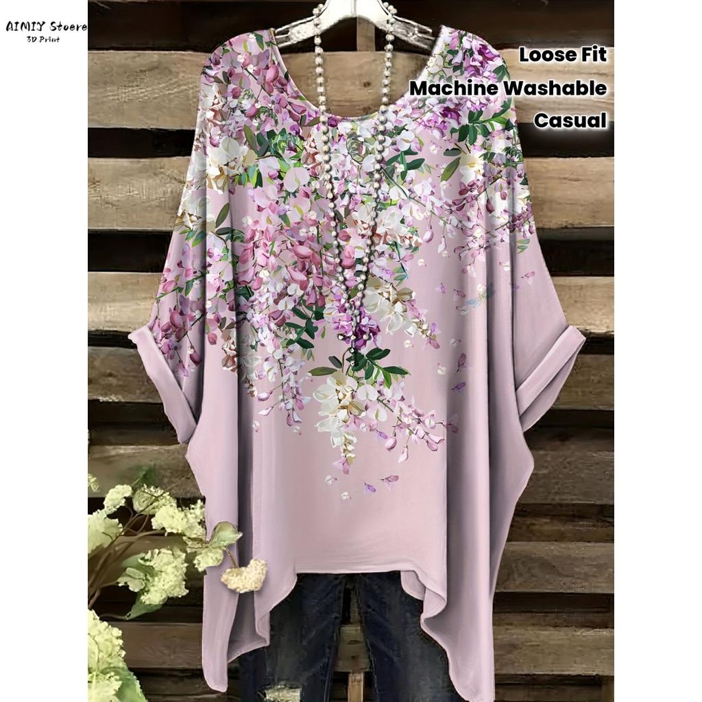 Women's Elegant Bohemian Starry Night Print T-Shirt White All-Over Dots with Asymmetrical Hem, Round Neck Casual Fashion Women