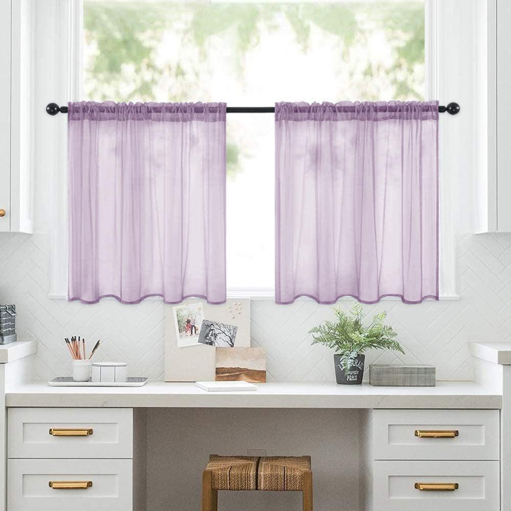 

2pcs Sheer Kitchen Short Curtains Rod Pocket Room Divider Semi-Blackout Window Valances for Bathroom Bedroom Rideaux Chambre 2pcs-76x60cm светло-фиолетовый