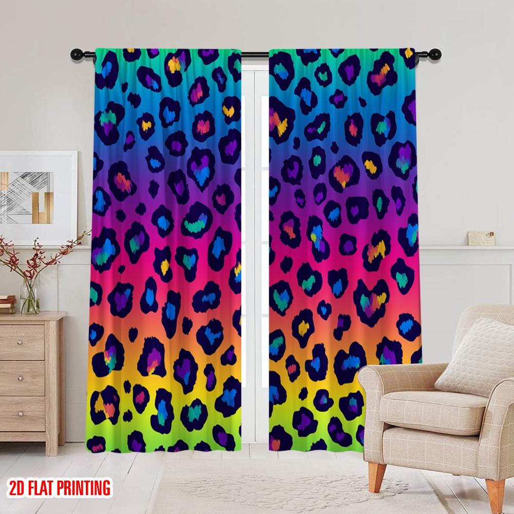 Flat Printing Drapes Rainbow Leopard Polyester Fabric Without Electricity Festive Wall Decor Use Booths Studio Props Curtains Set Of 2 Made