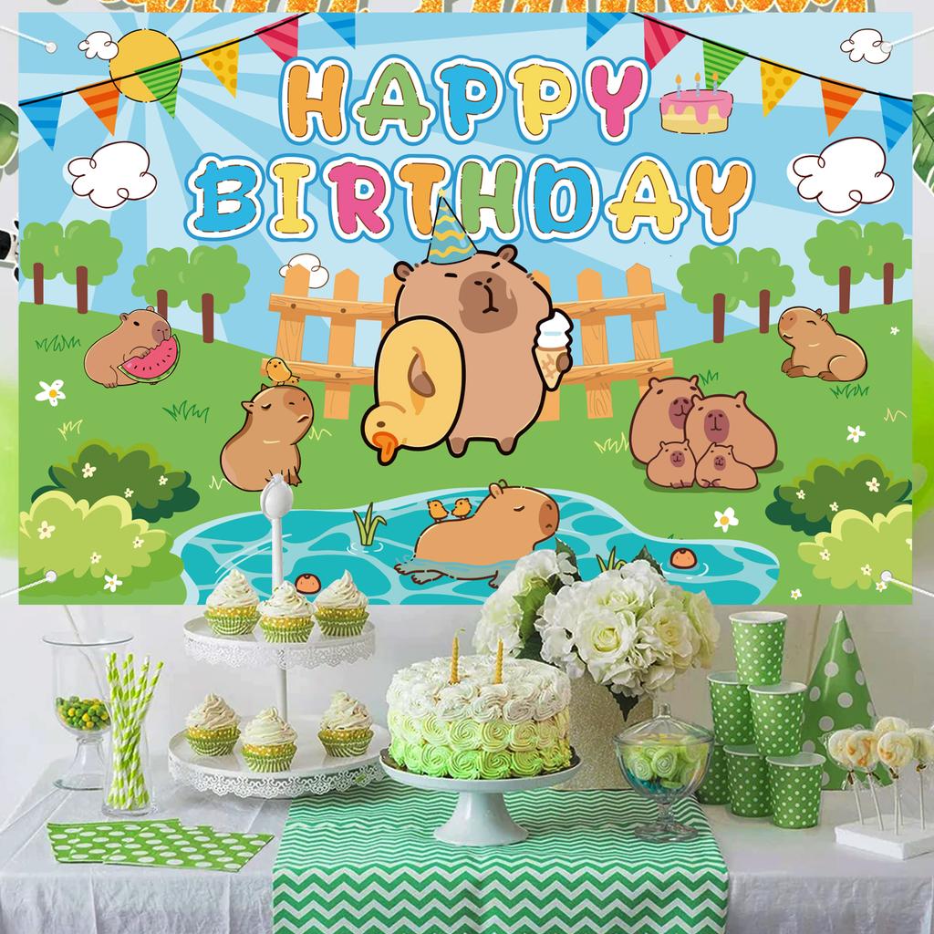 Capy Theme Birthday Backdrop, Cartoon Capybara Background Poster for Boy Girls Birthday Cute Capybara Themed Birthday Backdrop