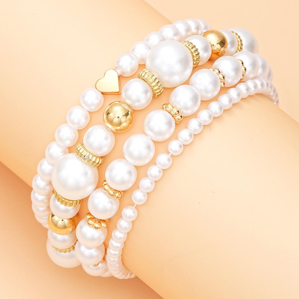 5Pcs  Pearl Beaded Bracelet Set For Women Gold Color Heart Charm Elastic Chain Bangle Female Wedding Party Jewelry