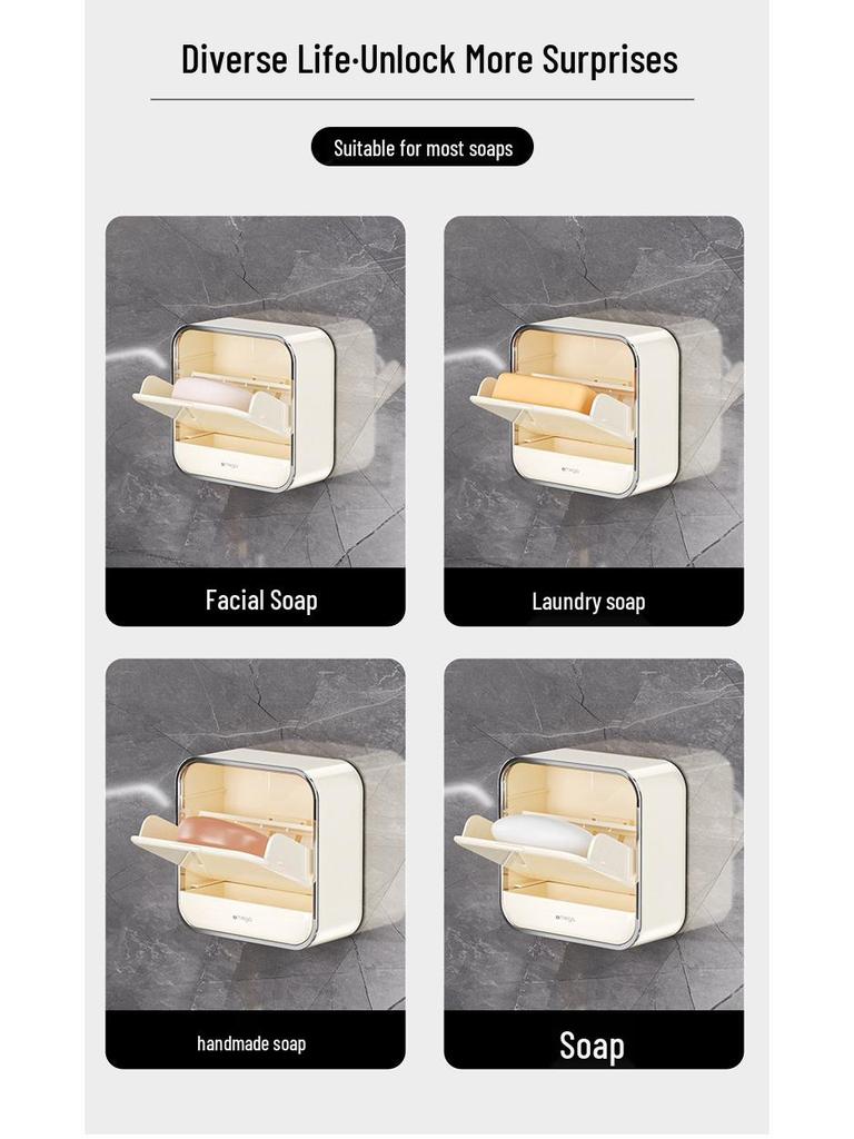 Punch-Free Wall-Mounted Soap Dish with Lid and Drainage