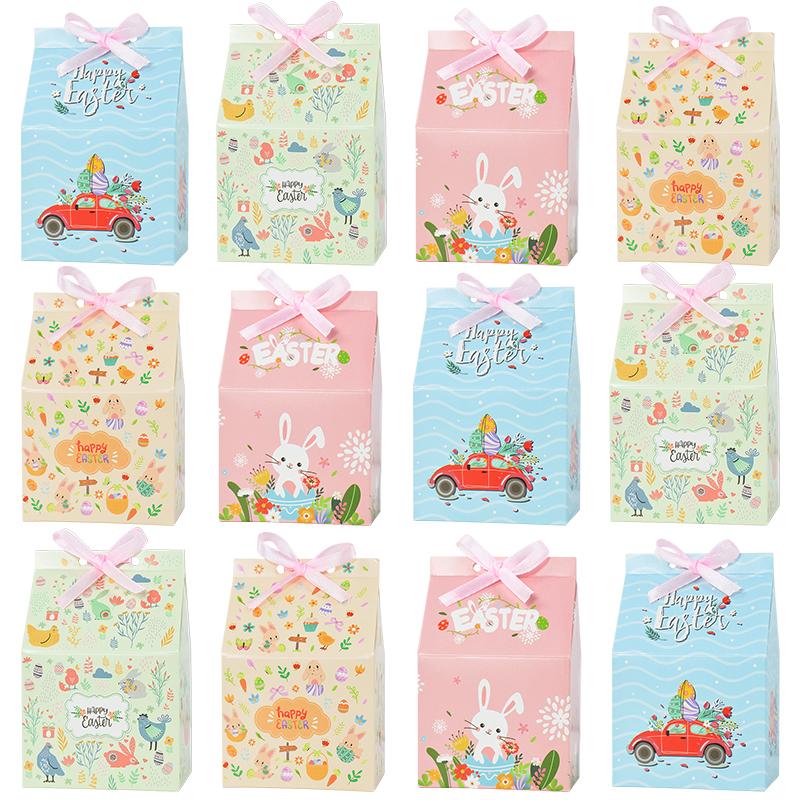 12pcs House Shape Easter Gift Box Cartoon Rabbit Egg Candy Cookie Packing Box Happy Easter Party Decoration Supplies with Ribbon