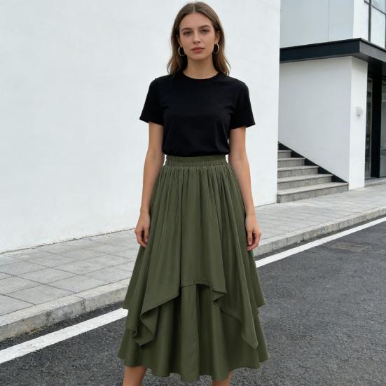 Damen Midi Rock Elastischer Hoher Bund Doppellagig Unregelmäßiger Saum Halloween Rock Einfarbige A-Linie Schlankmachendes Design Freizeit