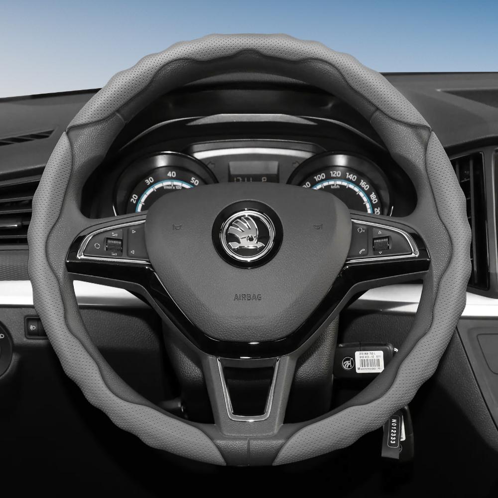 Suitable for Skoda Steering Wheel Cover with Wavy Sports Design, Breathable Leather, Segmented, Non-Slip, Sweat-Absorbent Protection for Octavia,