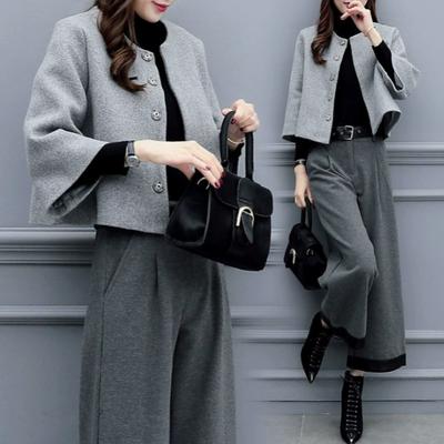 Women's Autumn and Winter Plus Size Two-piece Pants Woolen Short Jacket Wide-leg Pants Casual Fashion Suit Women's Trend