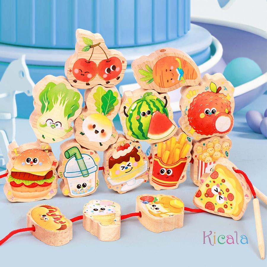 Pädagogisches Montessori Holz-Schnürperlen Spielzeug Fädelspiel Obst Lebensmittel Spielzeug Kleinkind Feinmotorik Lernspielzeug Kinder