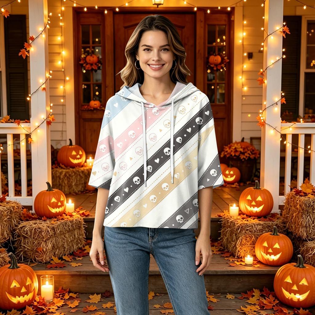 Women's Halloween Print Hooded Top, Loose Fit Casual 3/4 Sleeve Pullover Shirt