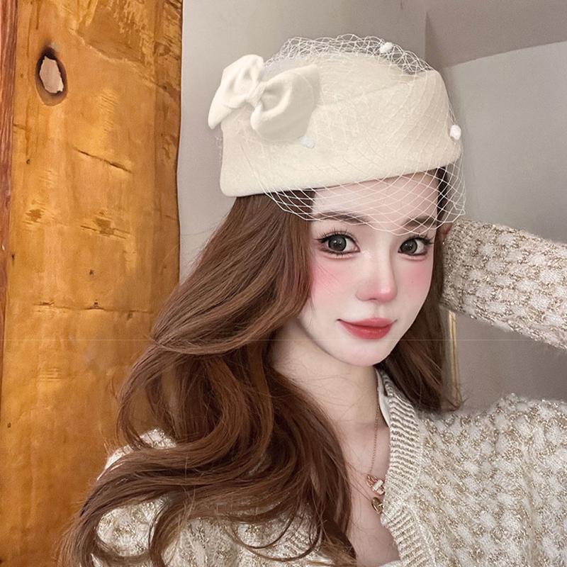 Black Stewardess Hat French Temperament Mesh Lace Woolen Hat British Berets For Women