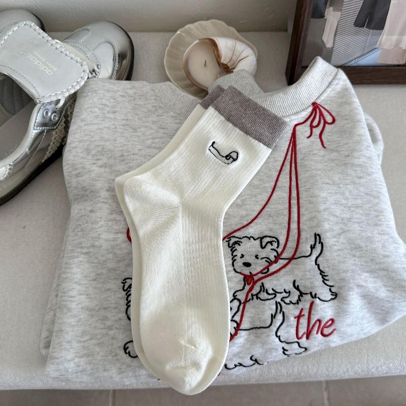 

Women s New Fall Color Embroidery Cute Cartoon Dachshund Preppy Boneless Tube Pile Socks 1 pair белый