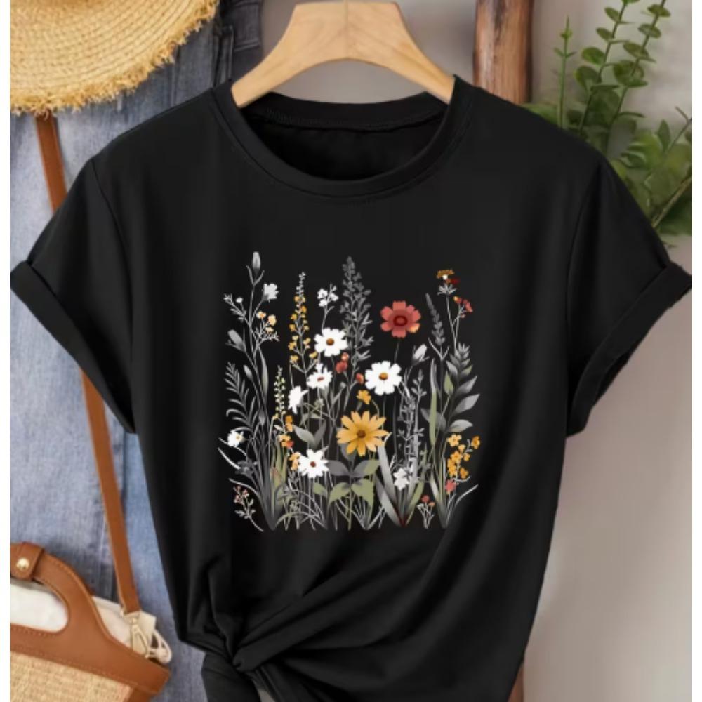 

Ladies Elegant Style Short Sleeve Printed Round Neck Women s T-shirt Suitable Fake Daily Casual Elegant Retro Style Top T-shirt M
