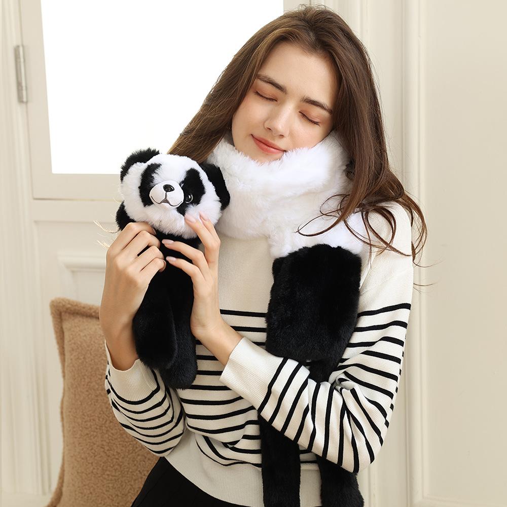 Women's Winter Plush Panda Cartoon Scarf + Girls Plus Velvet Knitted Gloves 2 Piece Set